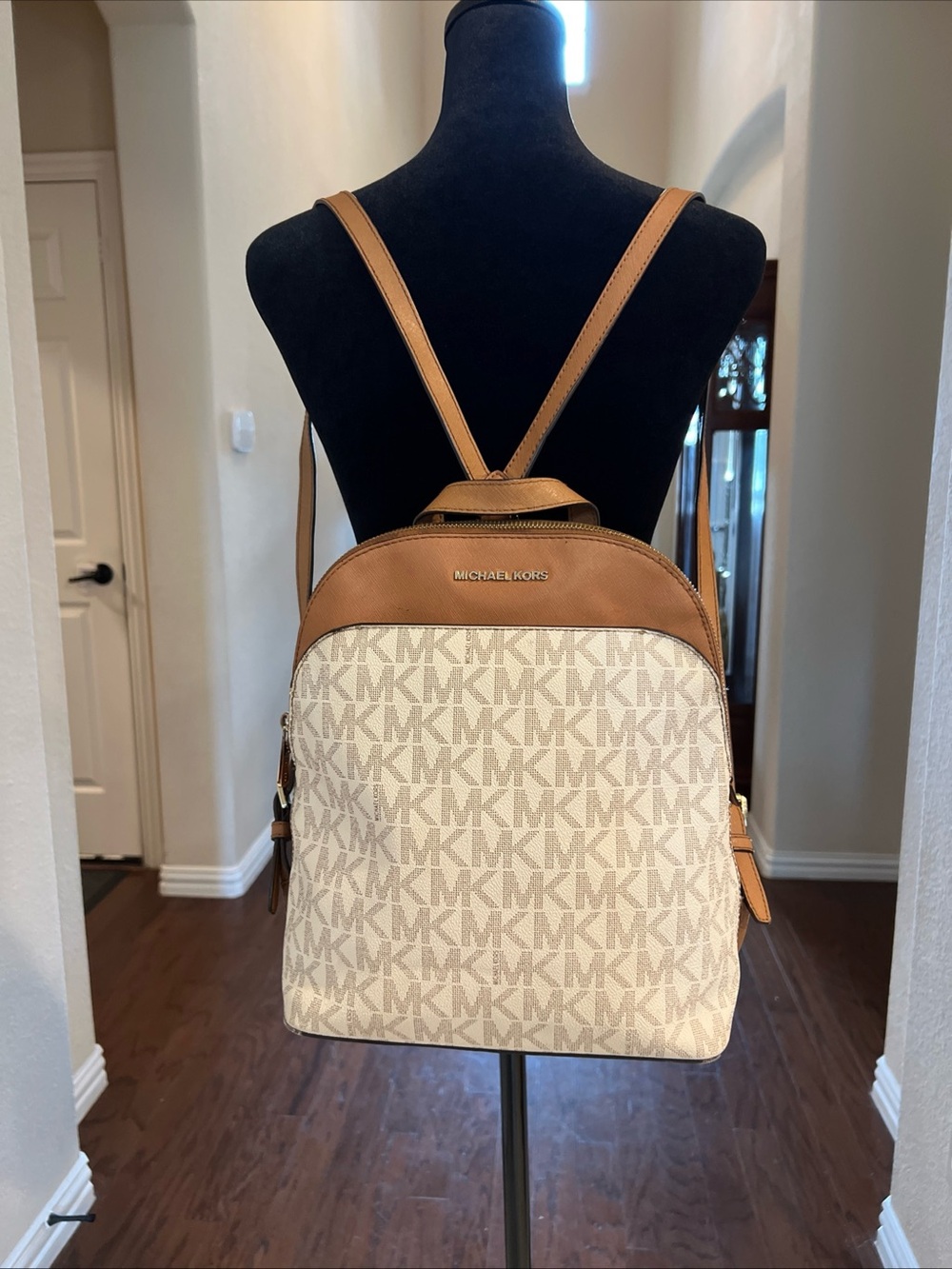 Michael Kors Cream MK Logo Backpack with Tan Trim Emmy Dome